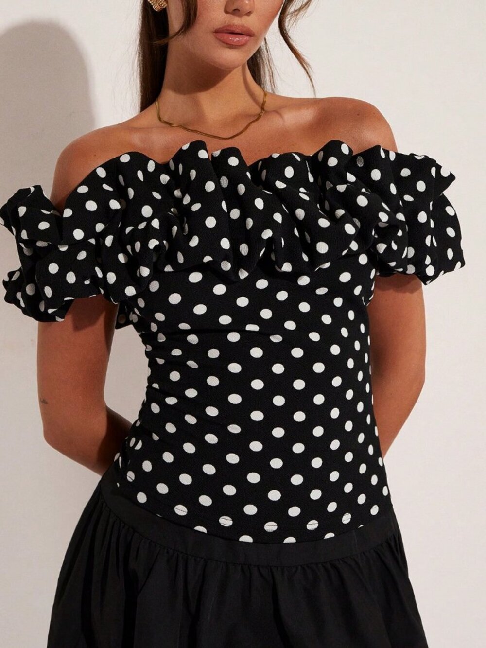 Black And White Casual Women's Elegant Vacation Polka Dot Off Shoulder Top